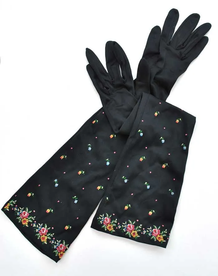 1950s black embroidered evening opera gloves • floral petit point • 7