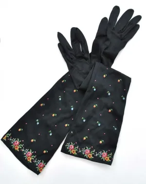 1950s black embroidered evening opera gloves • floral petit point • 7