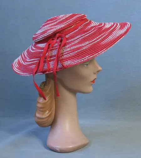 30s Vintage Platter Sun Hat Wide Brim Red & White Summer 40s Garden Party Hat VFG