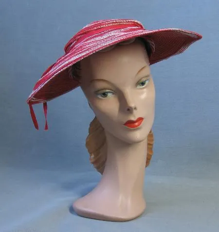 30s Vintage Platter Sun Hat Wide Brim Red & White Summer 40s Garden Party Hat VFG