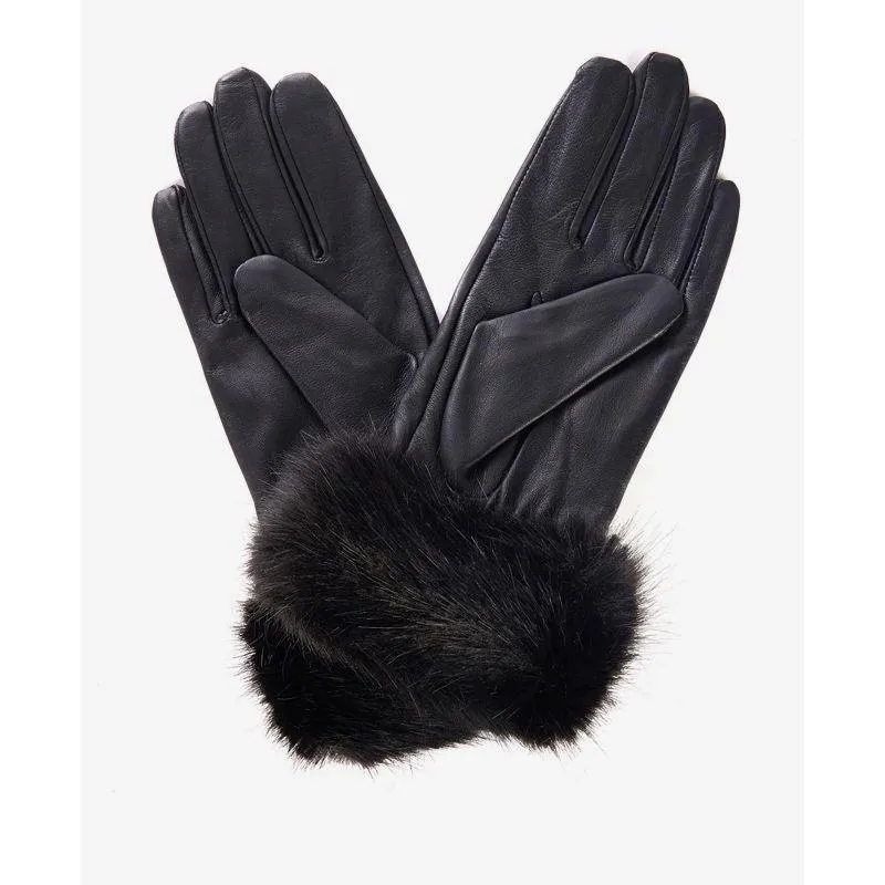 Barbour Fur Trimmed Ladies Leather Gloves - Black