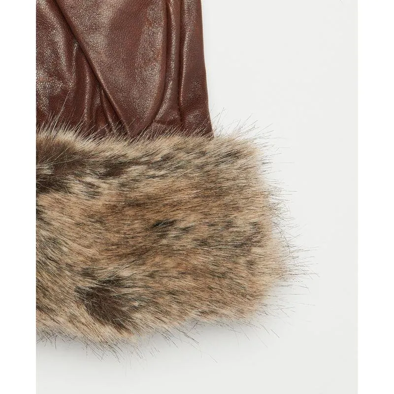 Barbour Fur Trimmed Ladies Leather Gloves - Dark Caramel