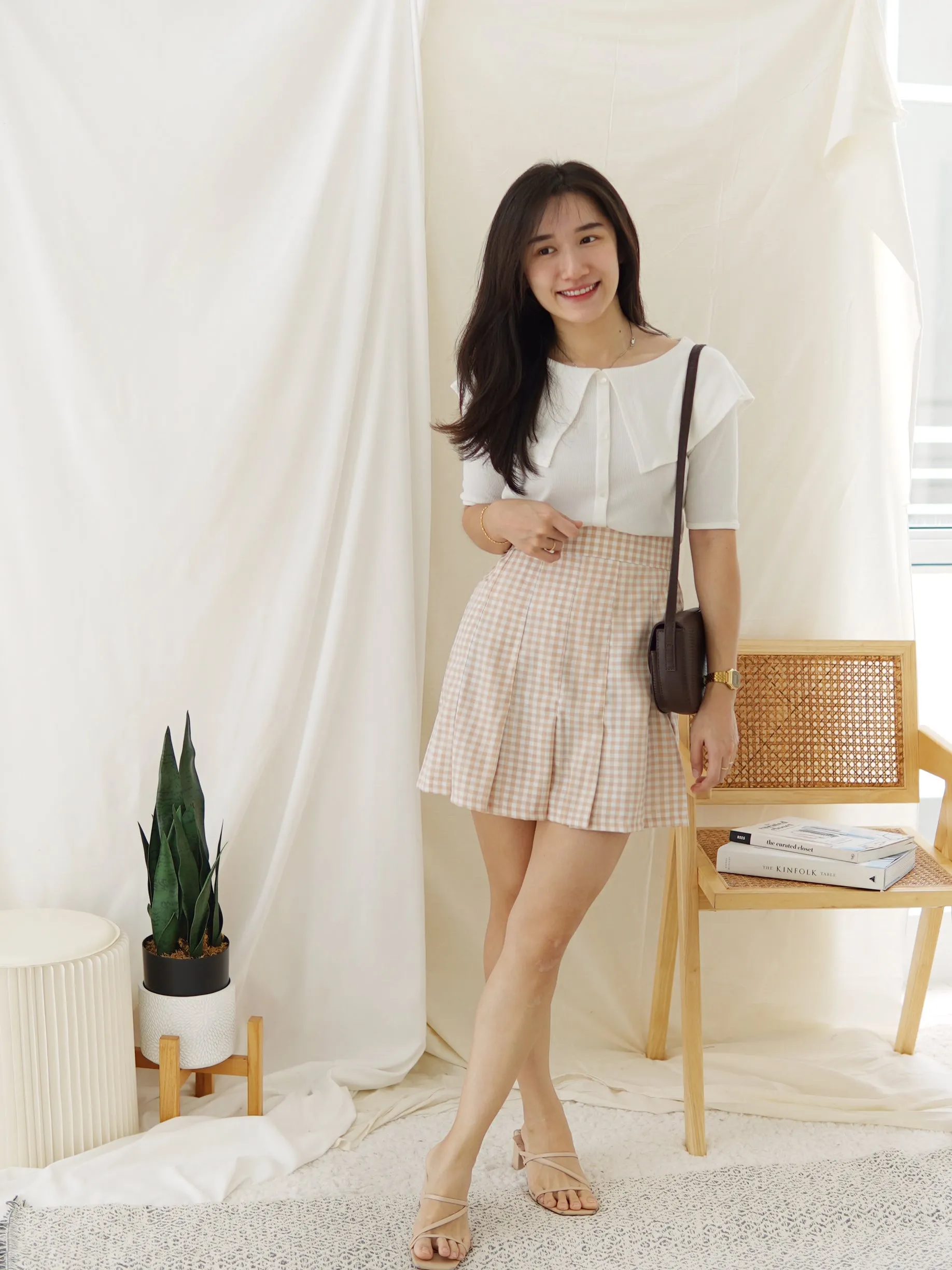 Beige Checkered Pleat Skirt