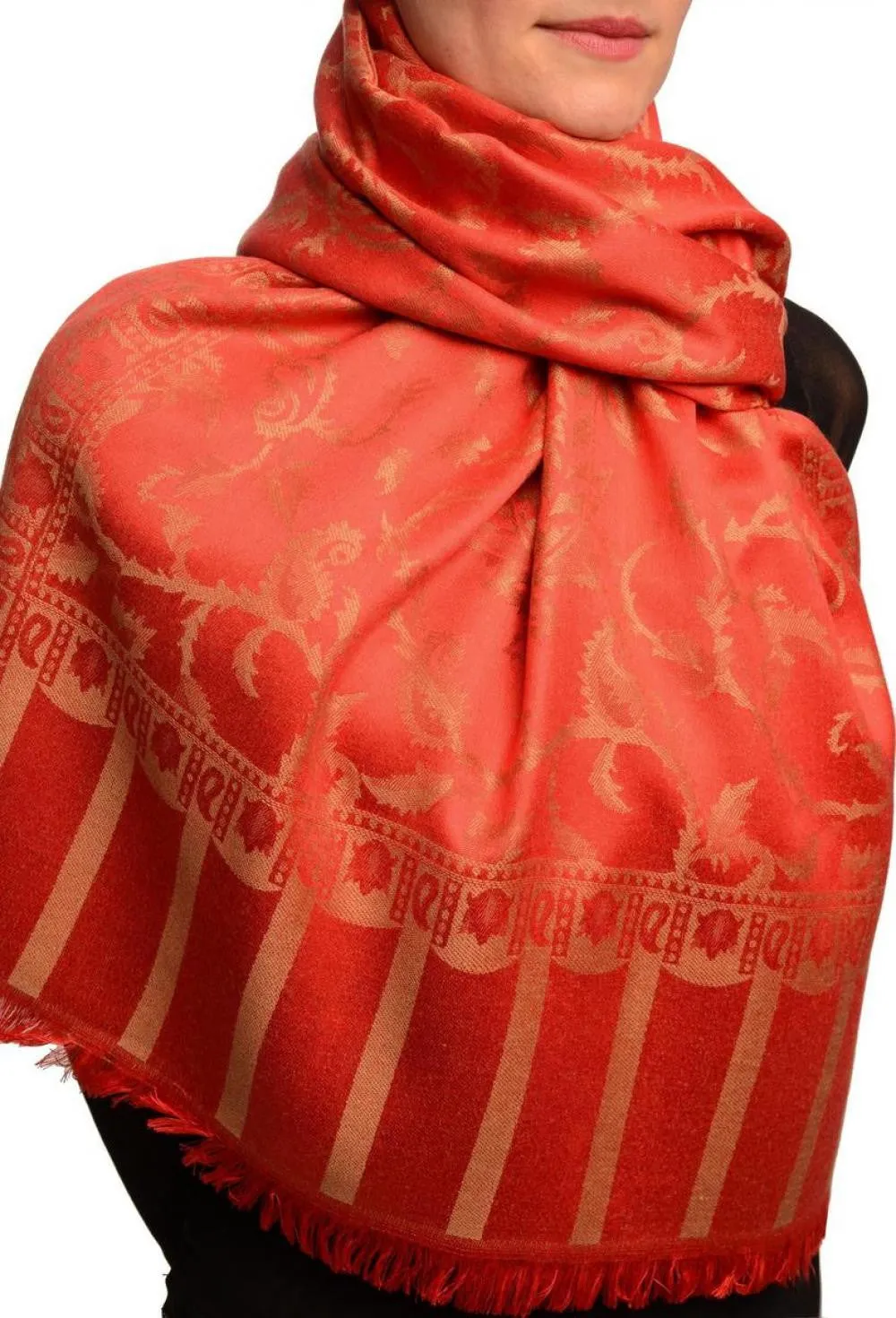 Beige Large Paisley On Red Pashmina Feel