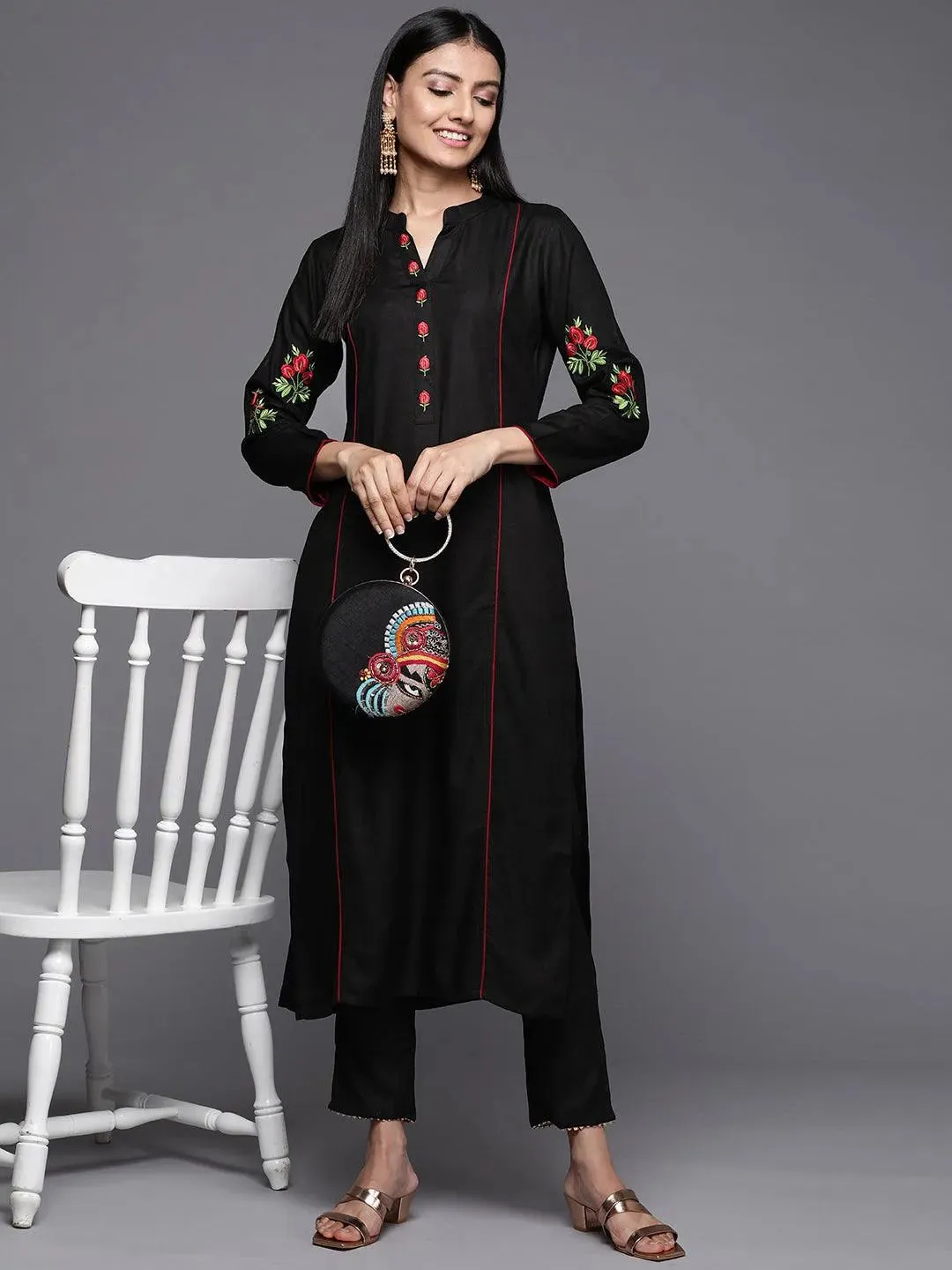 Black Embroidered Pashmina Wool Straight Kurta