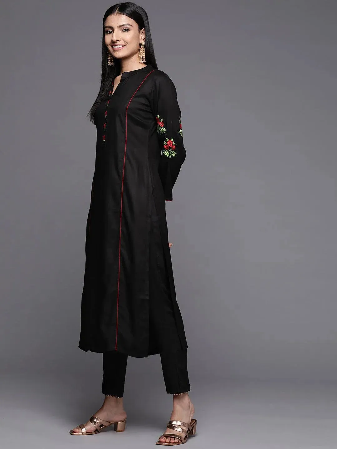 Black Embroidered Pashmina Wool Straight Kurta