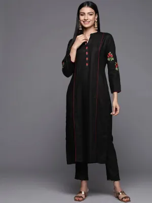 Black Embroidered Pashmina Wool Straight Kurta