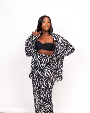 Black White Chiffon Zebra Trouser Coord Set