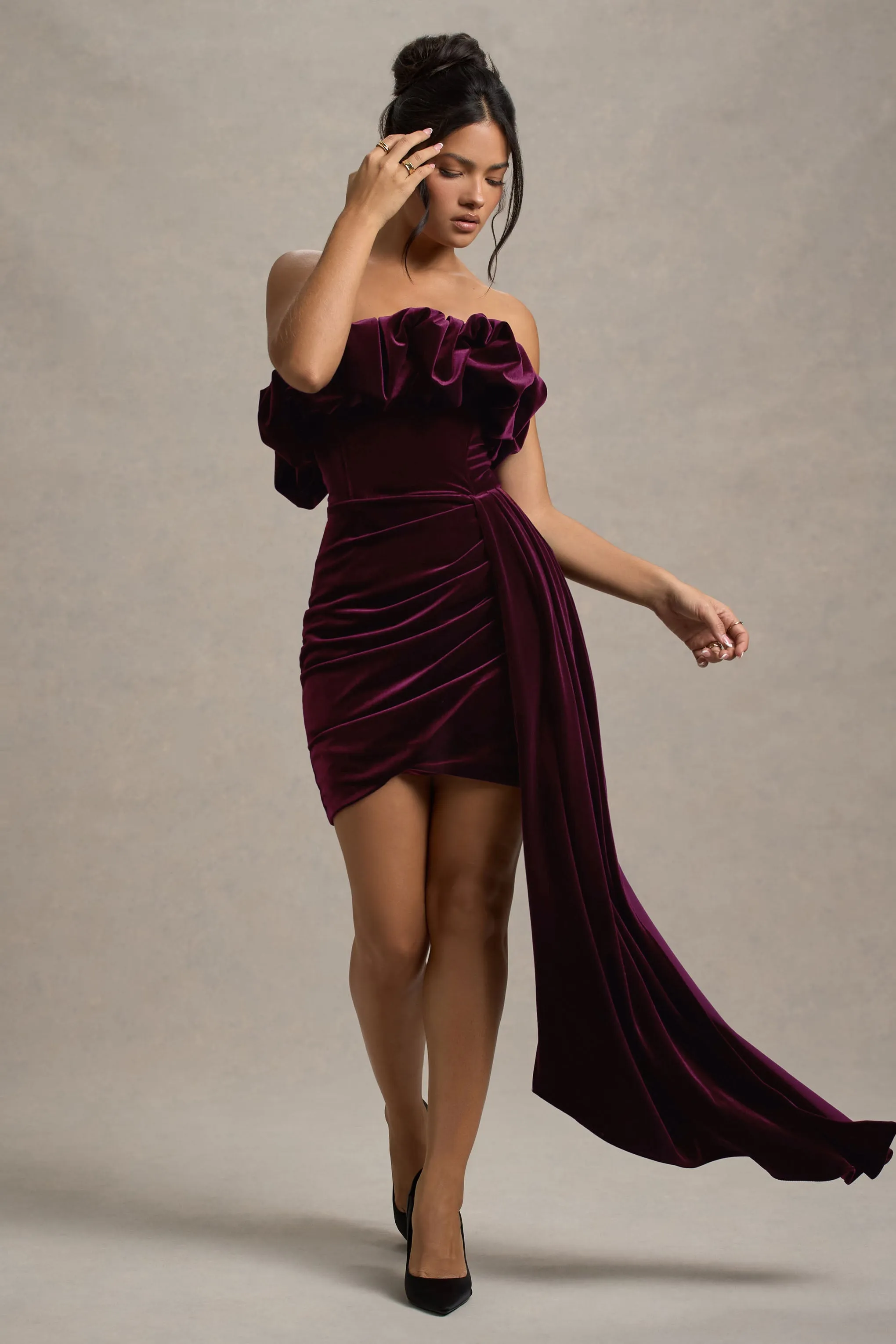 Ceronne Plum Velvet Bandeau Mini Dress with Draped Detail