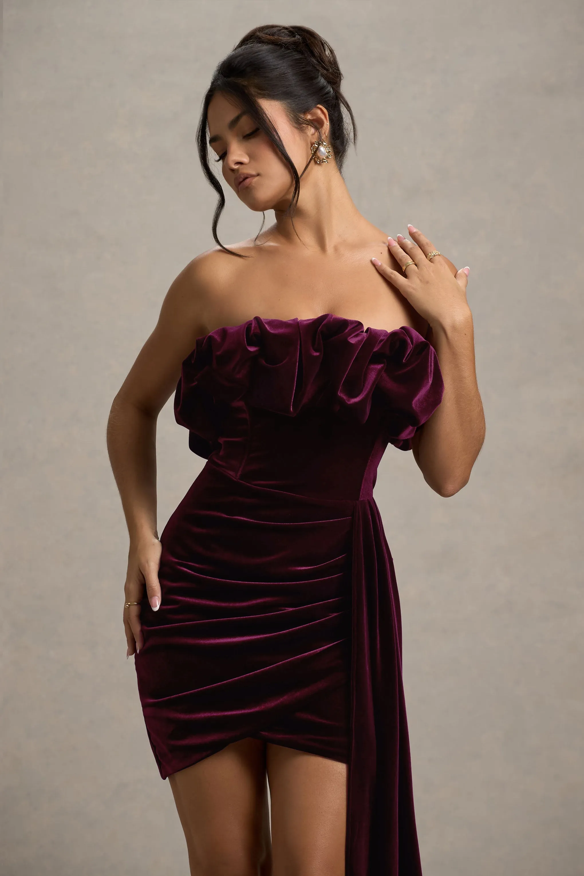 Ceronne Plum Velvet Bandeau Mini Dress with Draped Detail