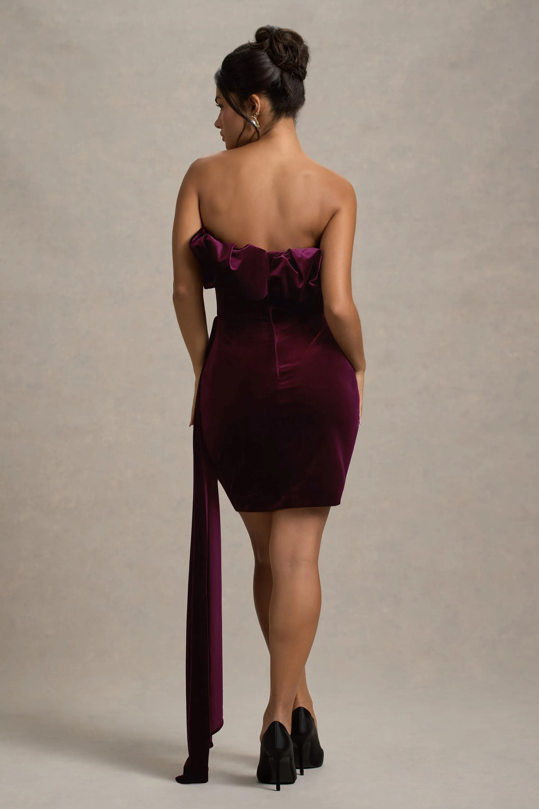 Ceronne Plum Velvet Bandeau Mini Dress with Draped Detail