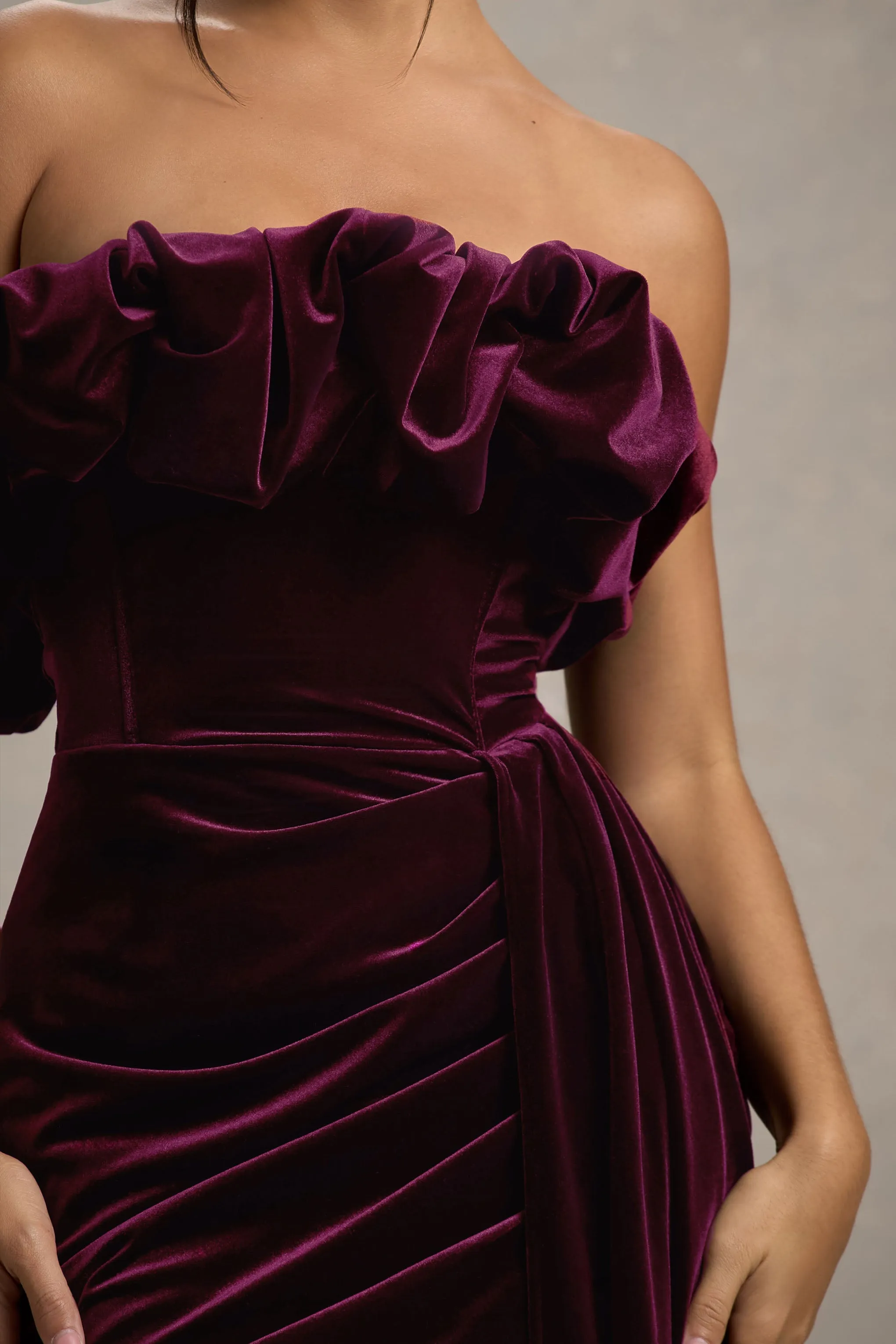 Ceronne Plum Velvet Bandeau Mini Dress with Draped Detail