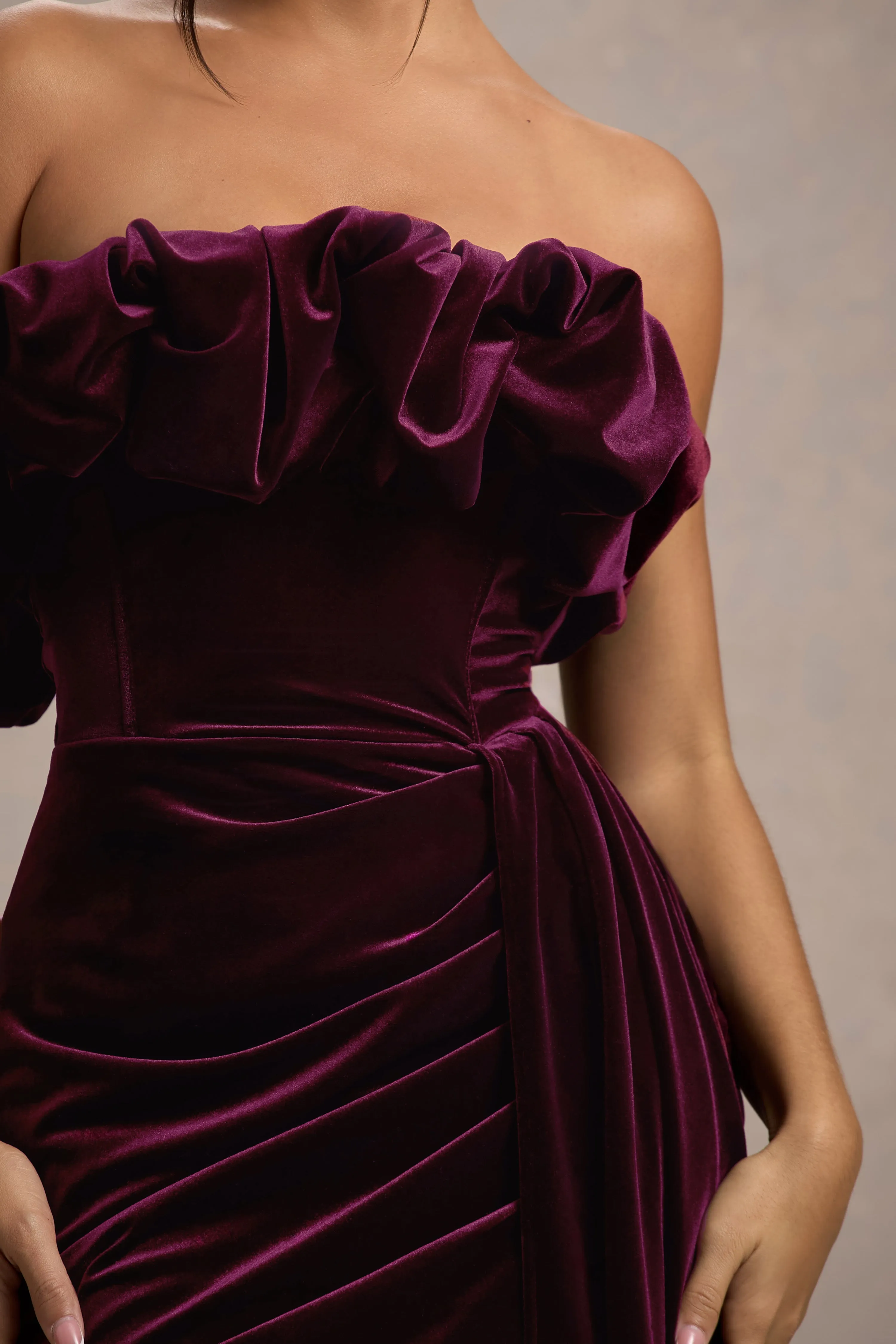 Ceronne Plum Velvet Bandeau Mini Dress with Draped Detail