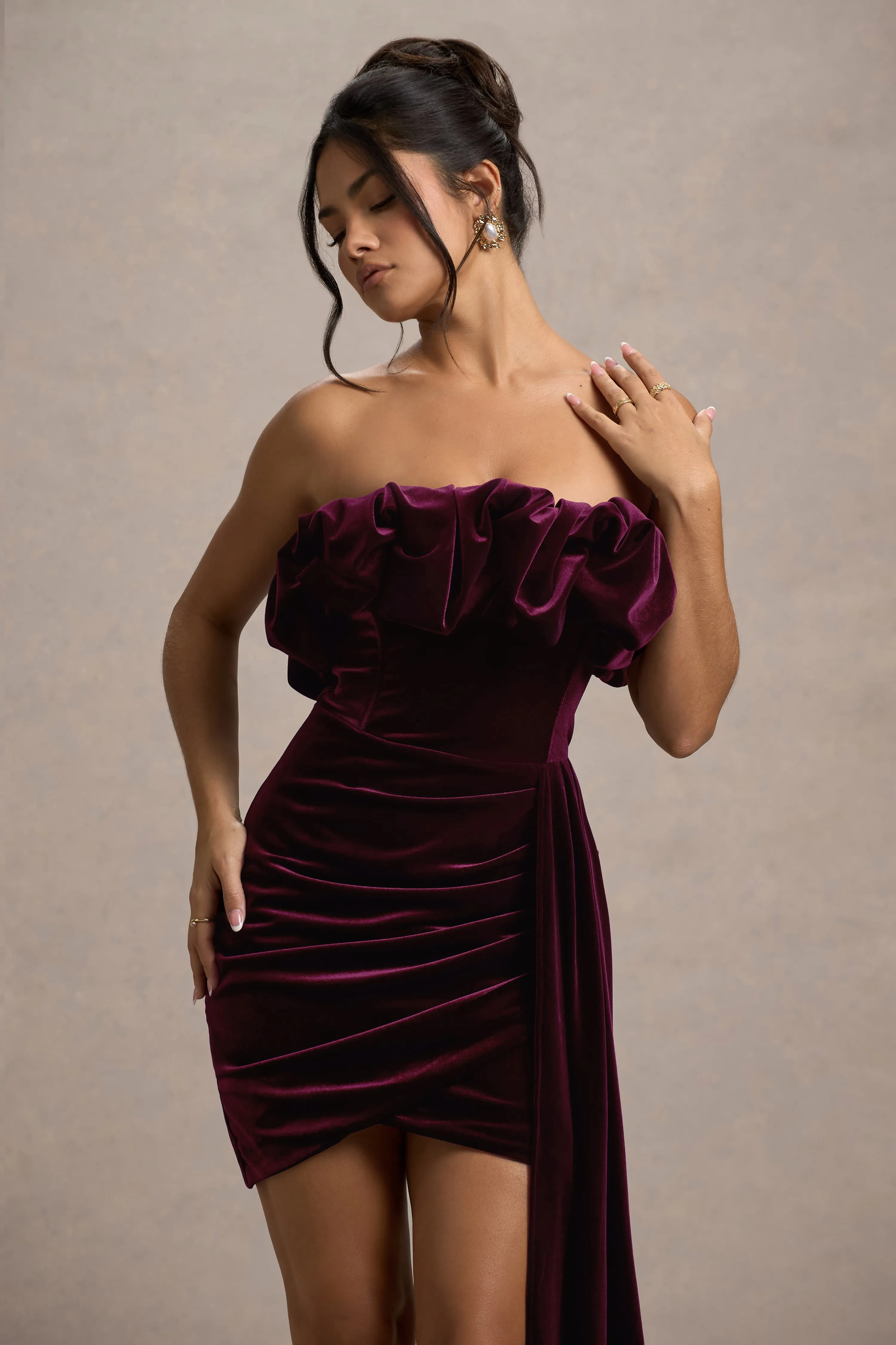 Ceronne Plum Velvet Bandeau Mini Dress with Draped Detail