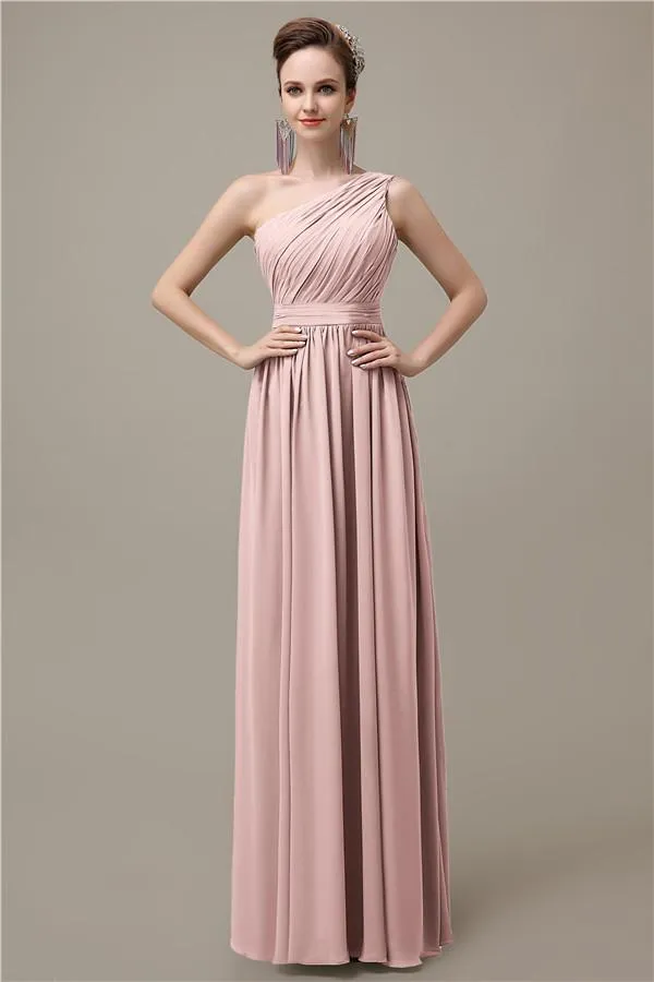 Charming One-shoulder A-line Chiffon Floor-Length Long Bridesmaid Dresses