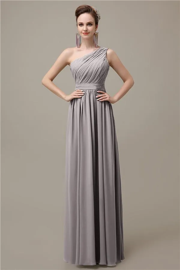 Charming One-shoulder A-line Chiffon Floor-Length Long Bridesmaid Dresses