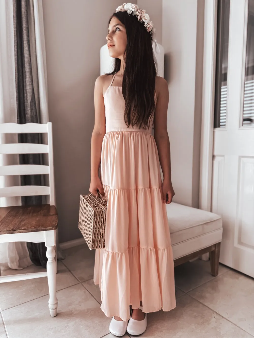 Clara Chiffon Girls Maxi Dress Peach