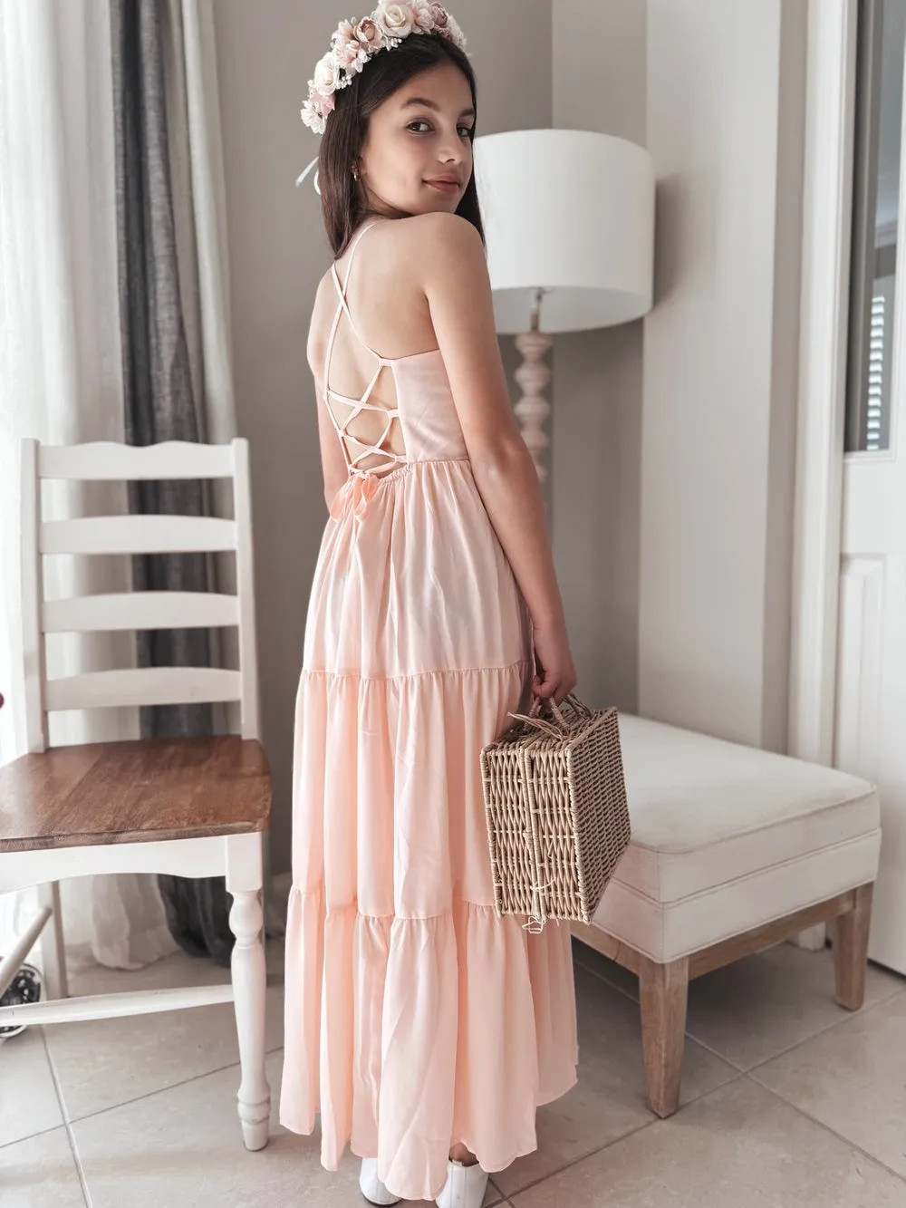 Clara Chiffon Girls Maxi Dress Peach