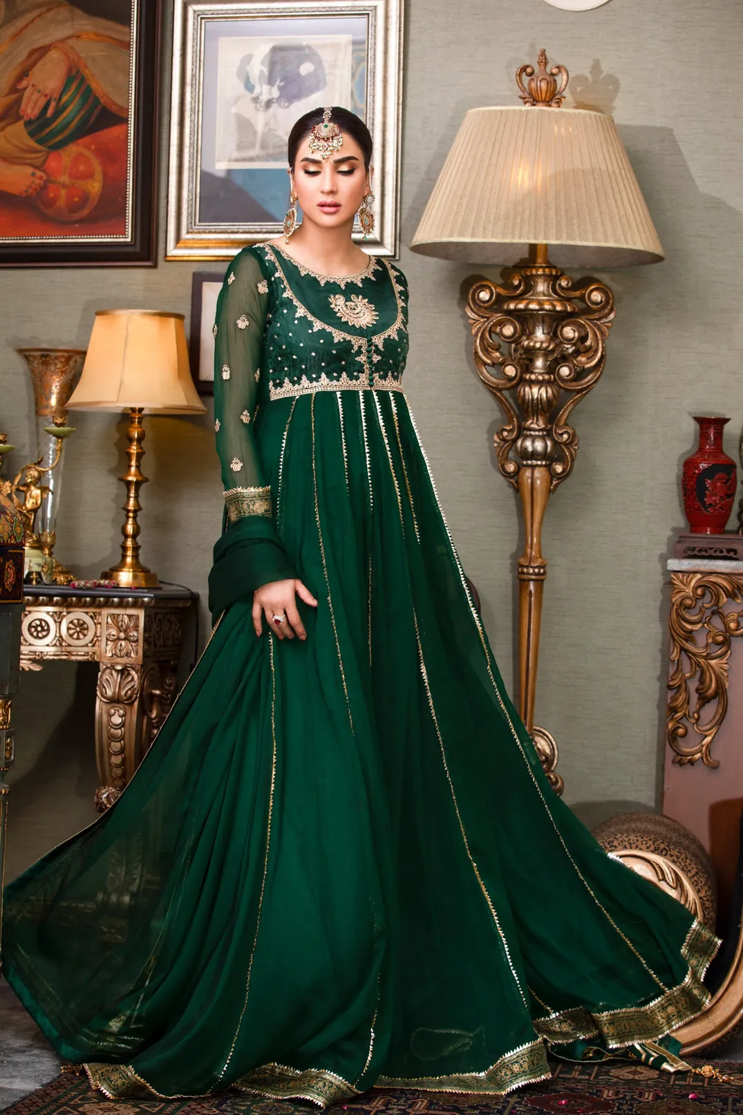 Dark Green Embellished Chiffon Anarkali Frock (Zohra Jabeen)