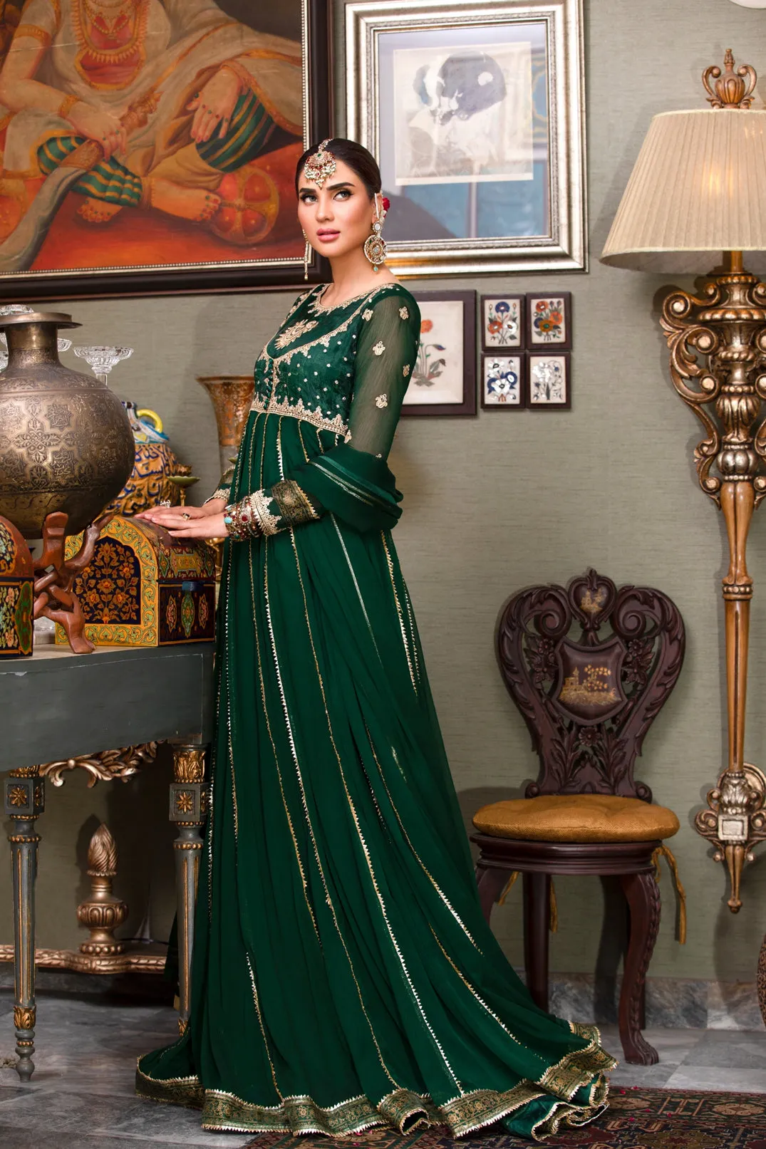 Dark Green Embellished Chiffon Anarkali Frock (Zohra Jabeen)