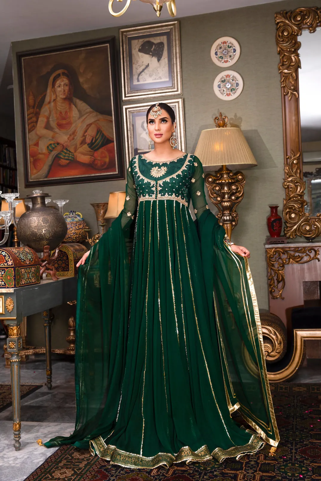 Dark Green Embellished Chiffon Anarkali Frock (Zohra Jabeen)