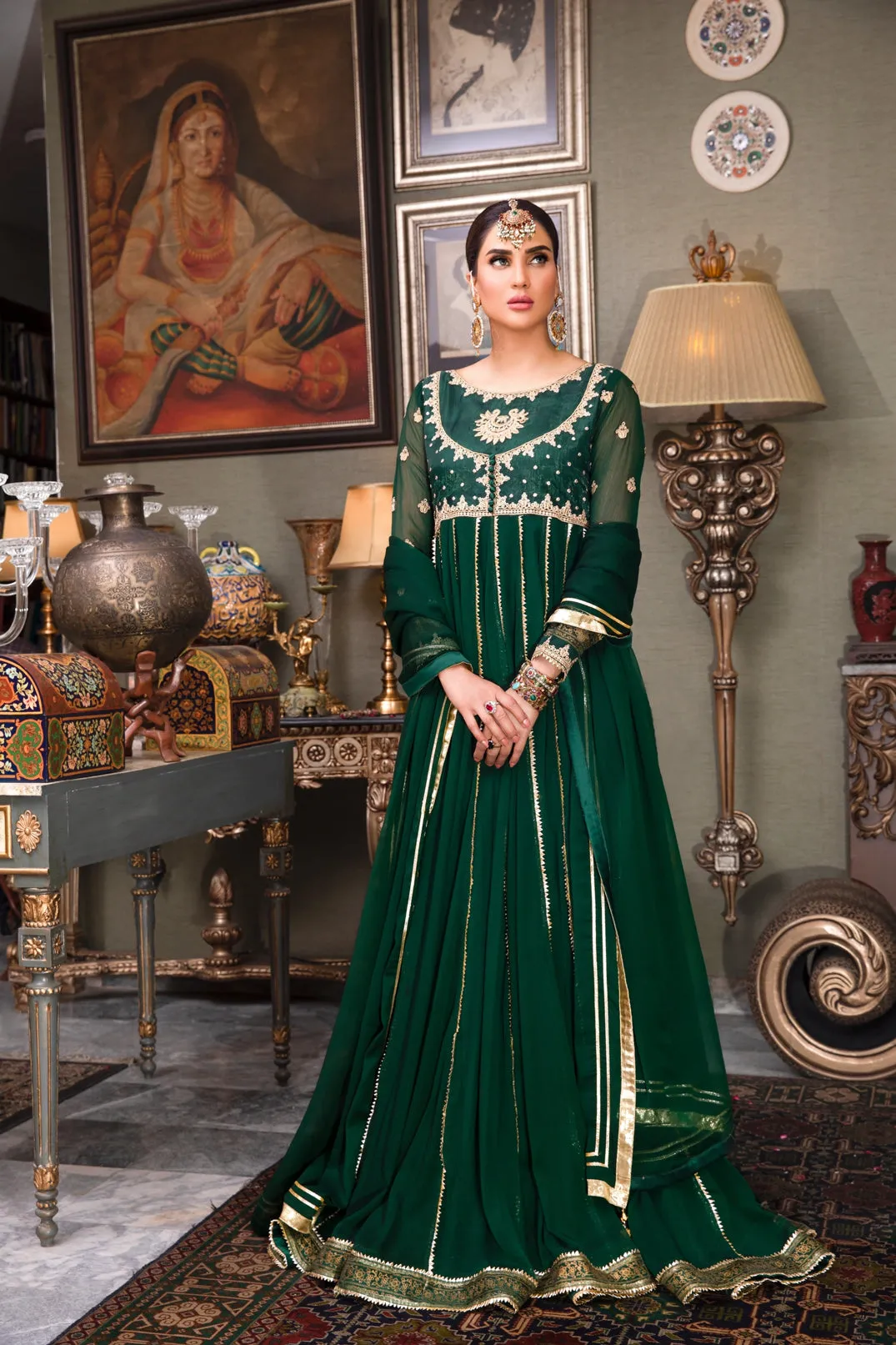 Dark Green Embellished Chiffon Anarkali Frock (Zohra Jabeen)