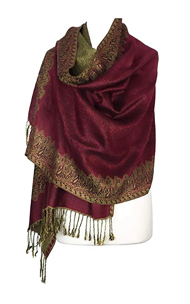 DB003-03 Burgundy Border Print Pashmina Scarf