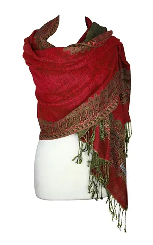 DB003-19 Dark Red Border Print Pashmina Scarf