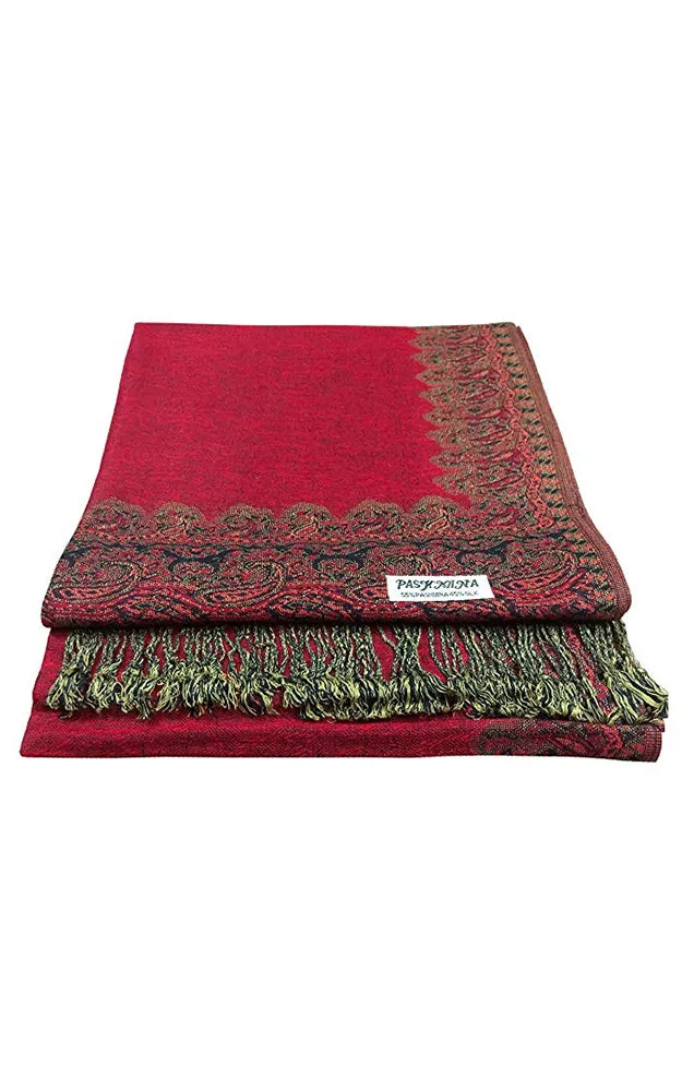 DB003-19 Dark Red Border Print Pashmina Scarf