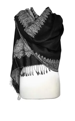 DB003-22 Black White Border Print Pashmina Scarf