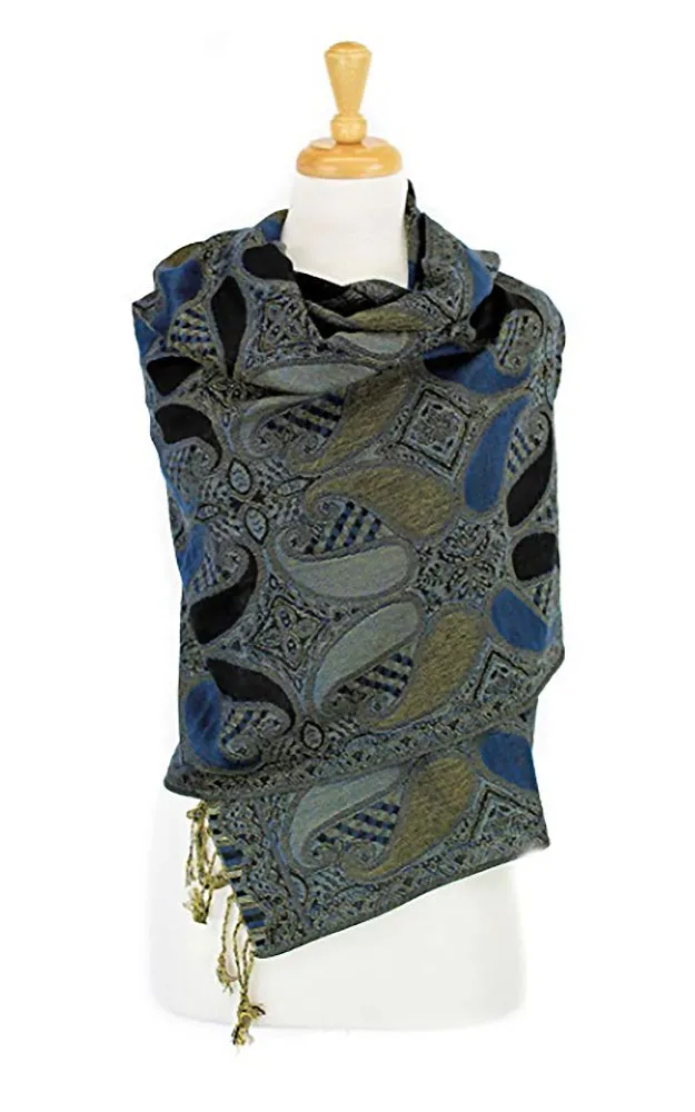 DBA18-23 Blue & Black Paisley Print Pashmina Scarf