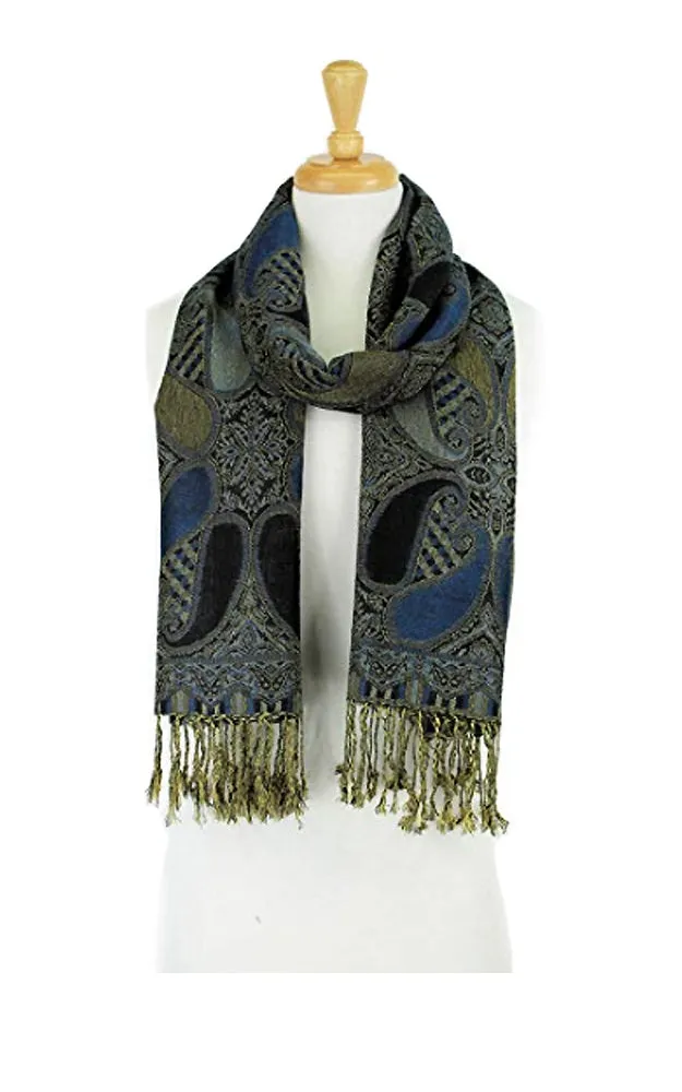 DBA18-23 Blue & Black Paisley Print Pashmina Scarf