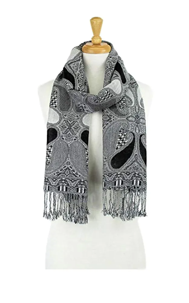 DBA18-36 Black & White Paisley Print Pashmina Scarf