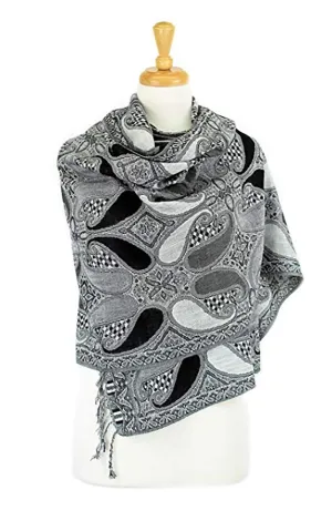 DBA18-36 Black & White Paisley Print Pashmina Scarf