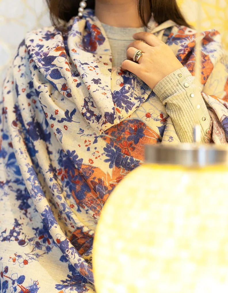 Digital Pashmina Shawl In Hues Of Blue, White & Rust 5580