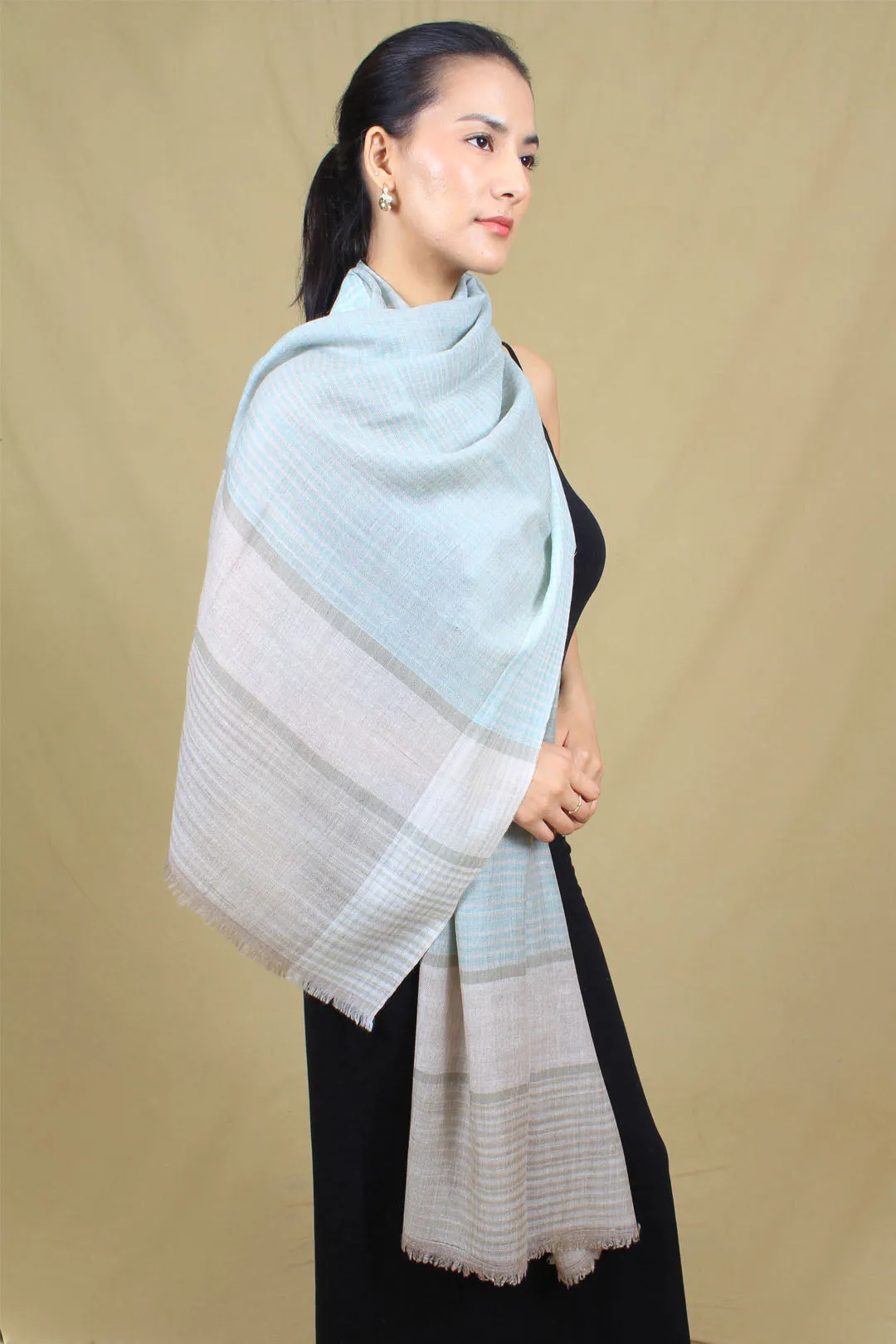 Dorje Ice Blue Check Strips Khadi and Zari Pashmina Stole