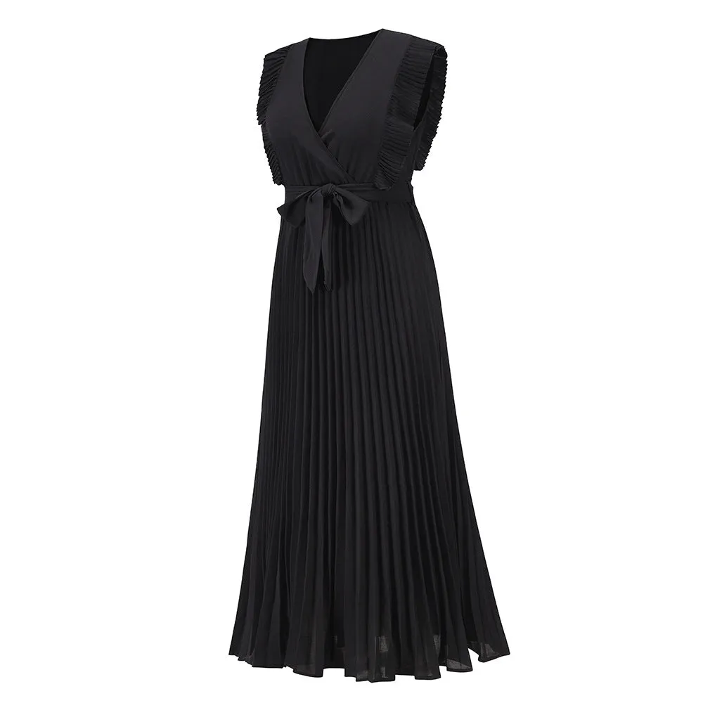 Elegant Beach Bodycon Sexy Ruffle Sleeve Chiffon Pleated   Solid Color Maxi Dress