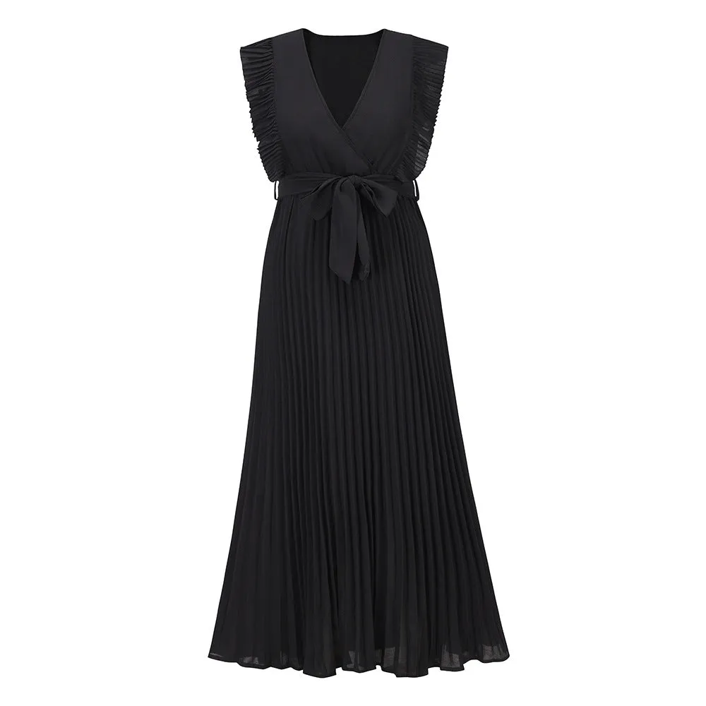 Elegant Beach Bodycon Sexy Ruffle Sleeve Chiffon Pleated   Solid Color Maxi Dress