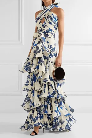 Elegant Floral Flounce Asymmetrical Halter Irregular Dresses