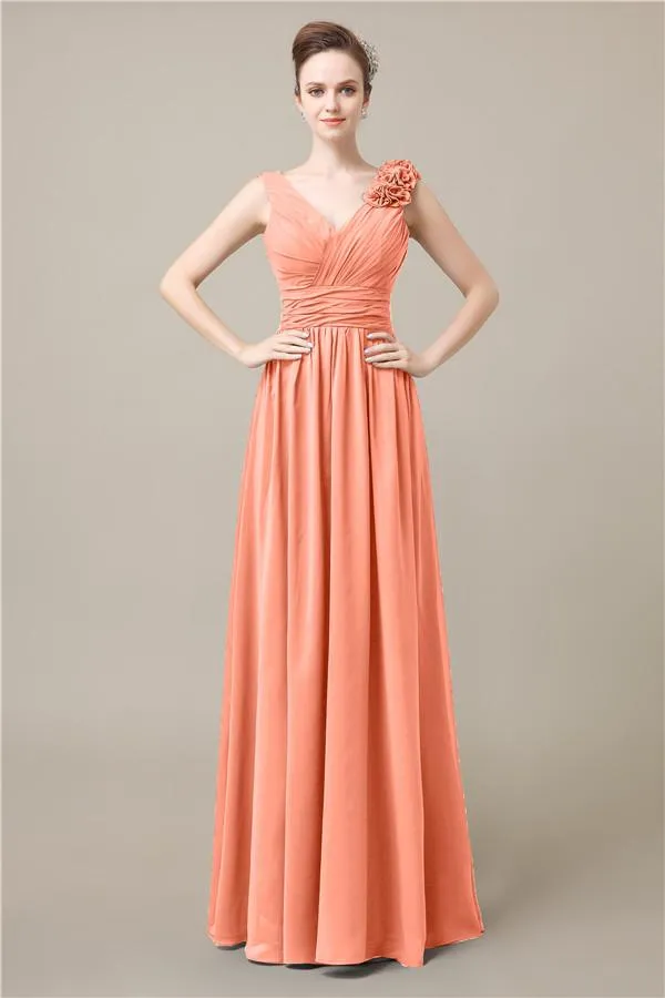 Elegant V-neck Flower A-line Floor-Length Bridesmaid Dresses