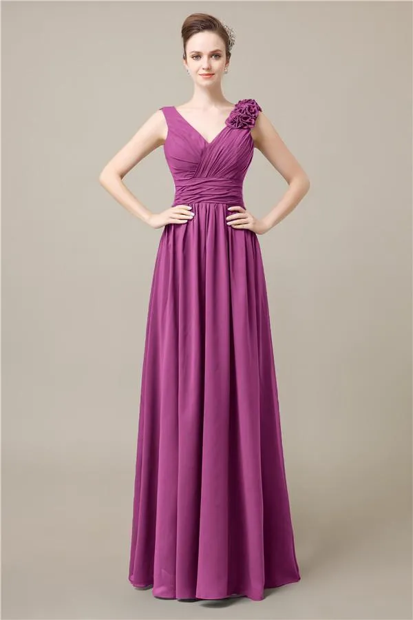 Elegant V-neck Flower A-line Floor-Length Bridesmaid Dresses