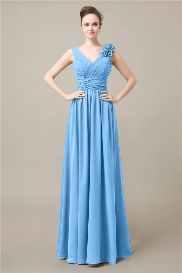 Elegant V-neck Flower A-line Floor-Length Bridesmaid Dresses