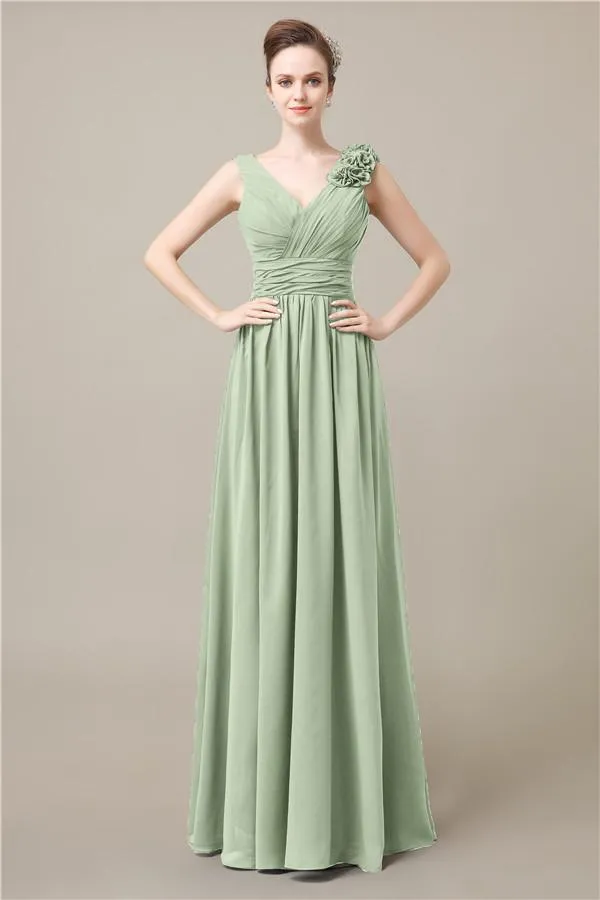 Elegant V-neck Flower A-line Floor-Length Bridesmaid Dresses