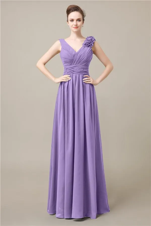 Elegant V-neck Flower A-line Floor-Length Bridesmaid Dresses