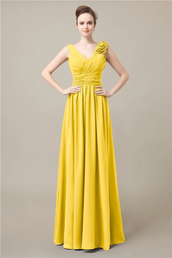 Elegant V-neck Flower A-line Floor-Length Bridesmaid Dresses