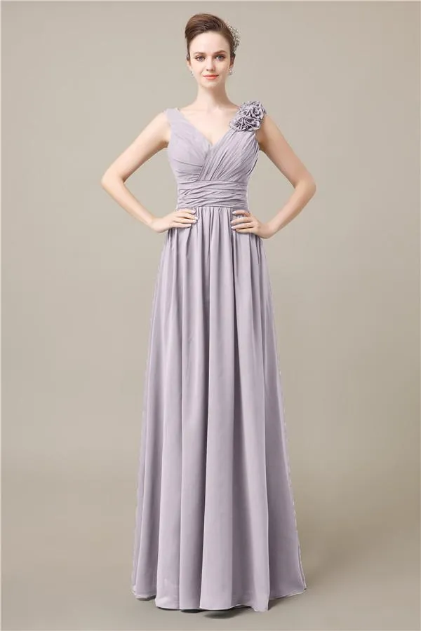 Elegant V-neck Flower A-line Floor-Length Bridesmaid Dresses