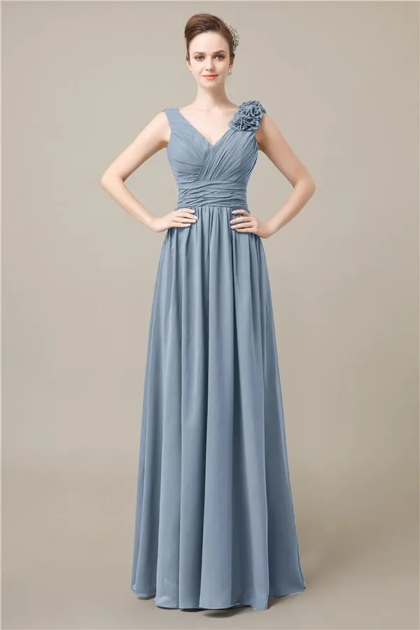 Elegant V-neck Flower A-line Floor-Length Bridesmaid Dresses