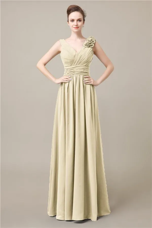 Elegant V-neck Flower A-line Floor-Length Bridesmaid Dresses