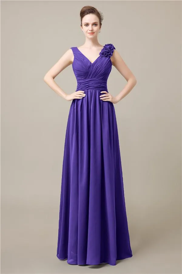 Elegant V-neck Flower A-line Floor-Length Bridesmaid Dresses