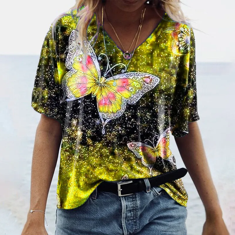 Fashionable five-point sleeve butterfly print top